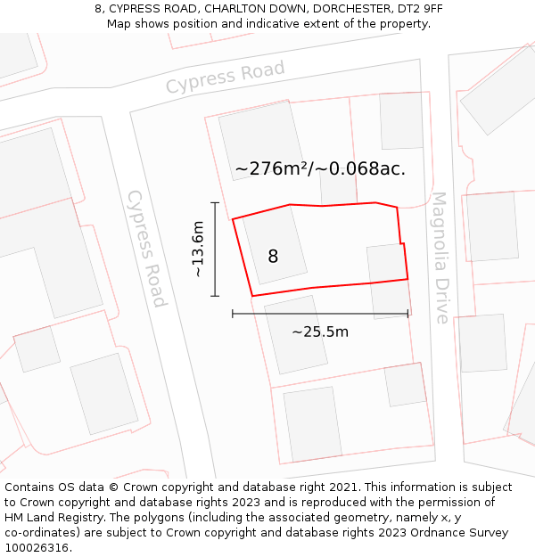 8, CYPRESS ROAD, CHARLTON DOWN, DORCHESTER, DT2 9FF: Plot and title map