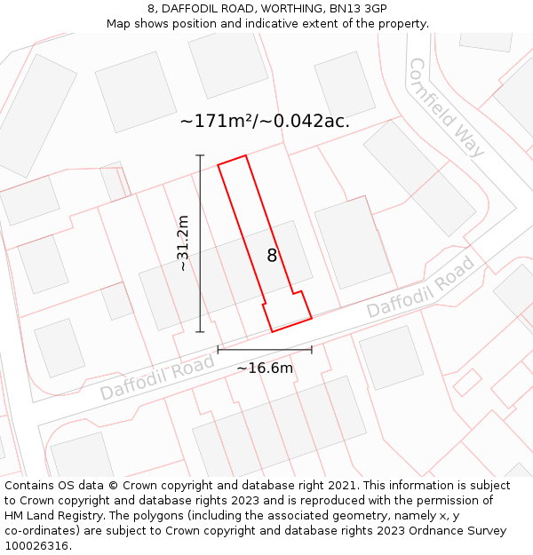 8, DAFFODIL ROAD, WORTHING, BN13 3GP: Plot and title map