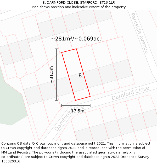 8, DARNFORD CLOSE, STAFFORD, ST16 1LR: Plot and title map