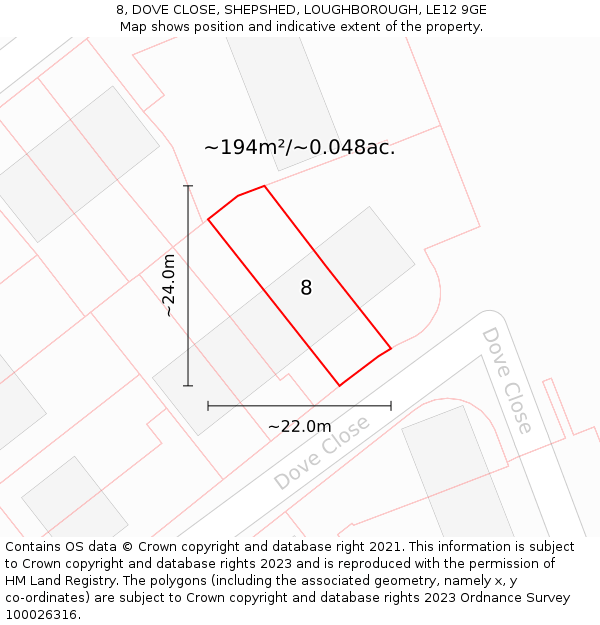 8, DOVE CLOSE, SHEPSHED, LOUGHBOROUGH, LE12 9GE: Plot and title map