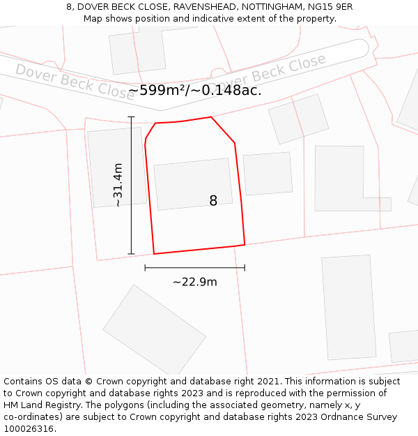 8, DOVER BECK CLOSE, RAVENSHEAD, NOTTINGHAM, NG15 9ER: Plot and title map