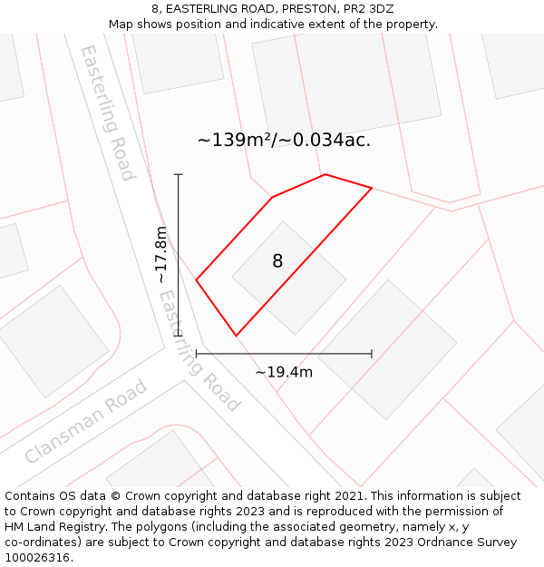 8, EASTERLING ROAD, PRESTON, PR2 3DZ: Plot and title map