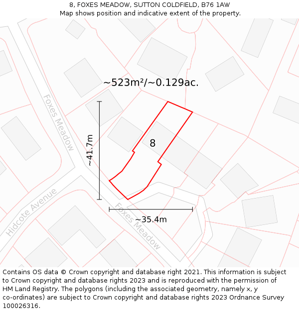 8, FOXES MEADOW, SUTTON COLDFIELD, B76 1AW: Plot and title map
