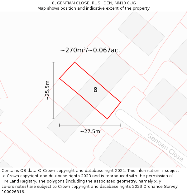 8, GENTIAN CLOSE, RUSHDEN, NN10 0UG: Plot and title map