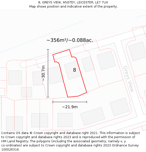 8, GREYS VIEW, ANSTEY, LEICESTER, LE7 7UX: Plot and title map