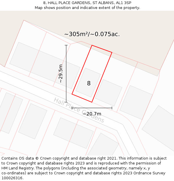 8, HALL PLACE GARDENS, ST ALBANS, AL1 3SP: Plot and title map