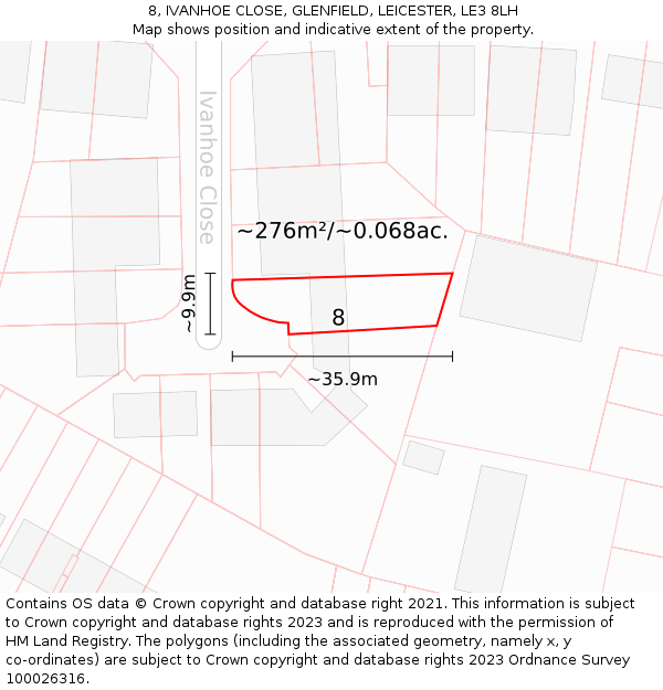 8, IVANHOE CLOSE, GLENFIELD, LEICESTER, LE3 8LH: Plot and title map