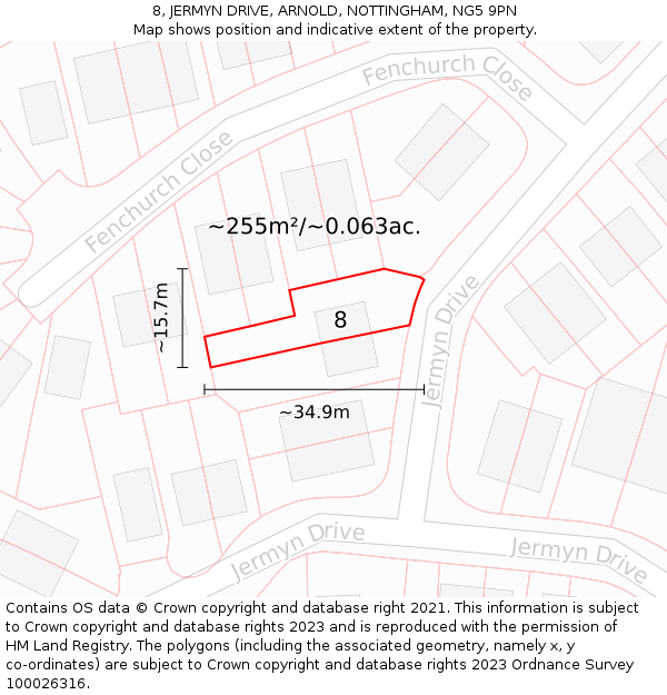 8, JERMYN DRIVE, ARNOLD, NOTTINGHAM, NG5 9PN: Plot and title map