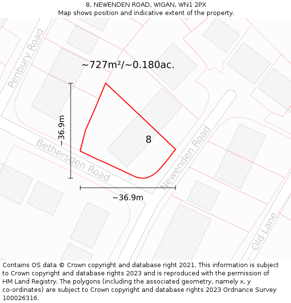 8, NEWENDEN ROAD, WIGAN, WN1 2PX: Plot and title map