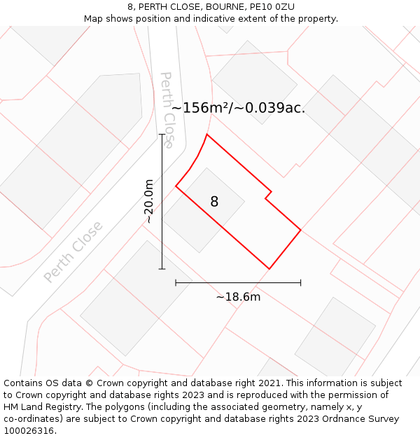 8, PERTH CLOSE, BOURNE, PE10 0ZU: Plot and title map