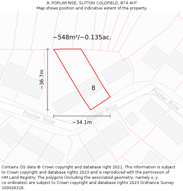 8, POPLAR RISE, SUTTON COLDFIELD, B74 4HT: Plot and title map