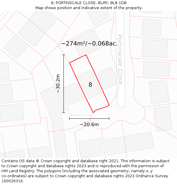 8, PORTINSCALE CLOSE, BURY, BL8 1DB: Plot and title map