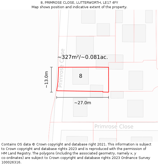 8, PRIMROSE CLOSE, LUTTERWORTH, LE17 4FY: Plot and title map