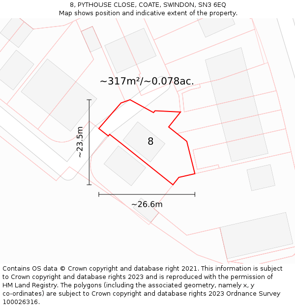 8, PYTHOUSE CLOSE, COATE, SWINDON, SN3 6EQ: Plot and title map
