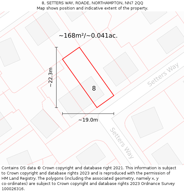 8, SETTERS WAY, ROADE, NORTHAMPTON, NN7 2QQ: Plot and title map