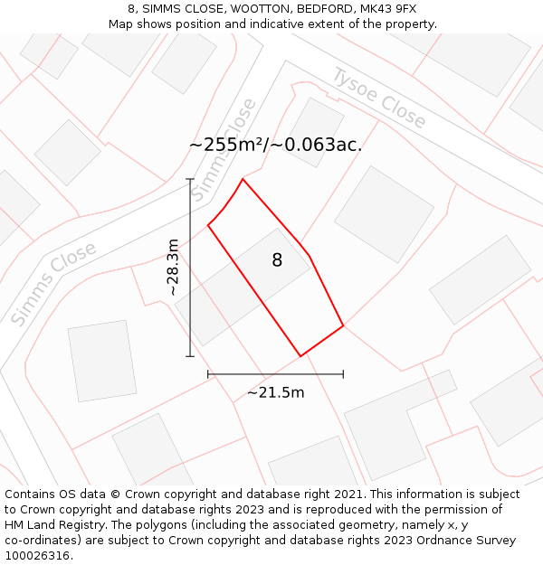 8, SIMMS CLOSE, WOOTTON, BEDFORD, MK43 9FX: Plot and title map