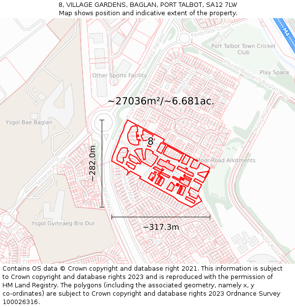 8, VILLAGE GARDENS, BAGLAN, PORT TALBOT, SA12 7LW: Plot and title map