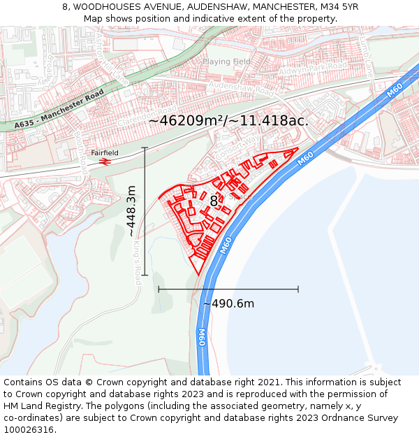 8, WOODHOUSES AVENUE, AUDENSHAW, MANCHESTER, M34 5YR: Plot and title map
