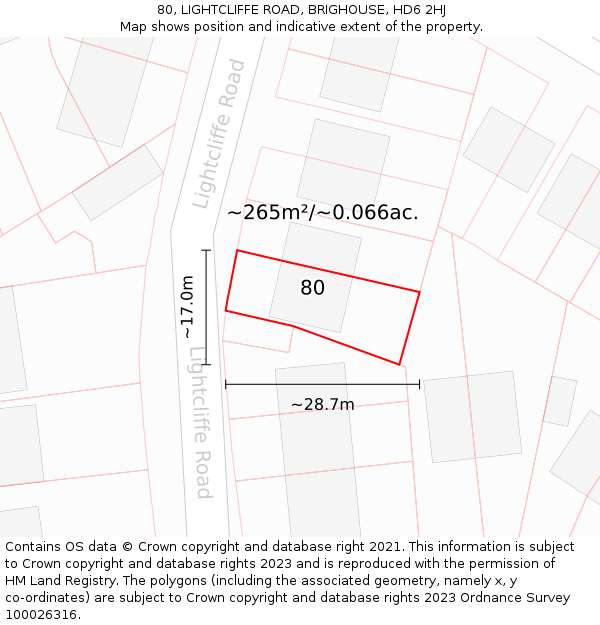 80, LIGHTCLIFFE ROAD, BRIGHOUSE, HD6 2HJ: Plot and title map