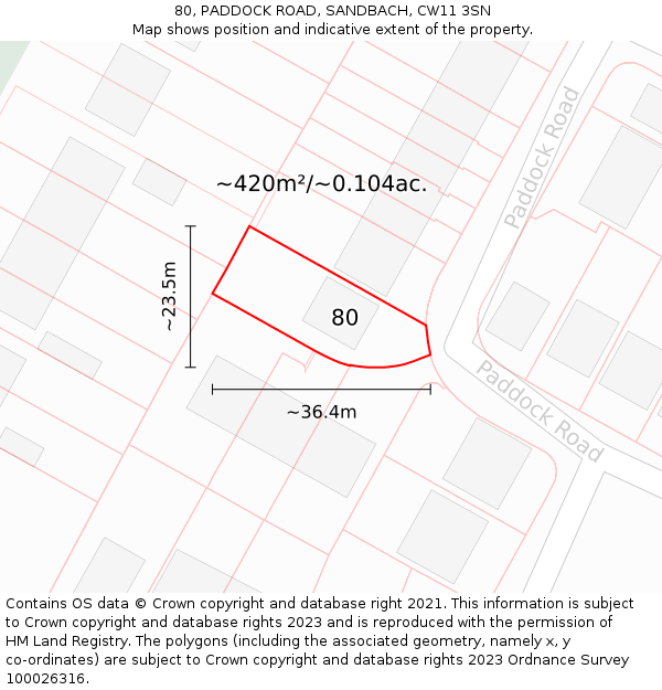 80, PADDOCK ROAD, SANDBACH, CW11 3SN: Plot and title map