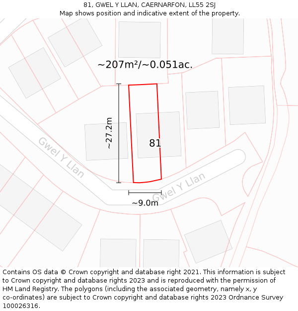 81, GWEL Y LLAN, CAERNARFON, LL55 2SJ: Plot and title map