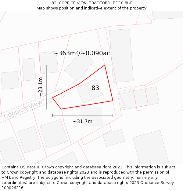 83, COPPICE VIEW, BRADFORD, BD10 8UF: Plot and title map
