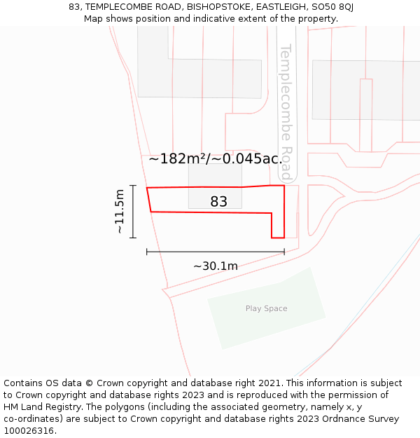 83, TEMPLECOMBE ROAD, BISHOPSTOKE, EASTLEIGH, SO50 8QJ: Plot and title map