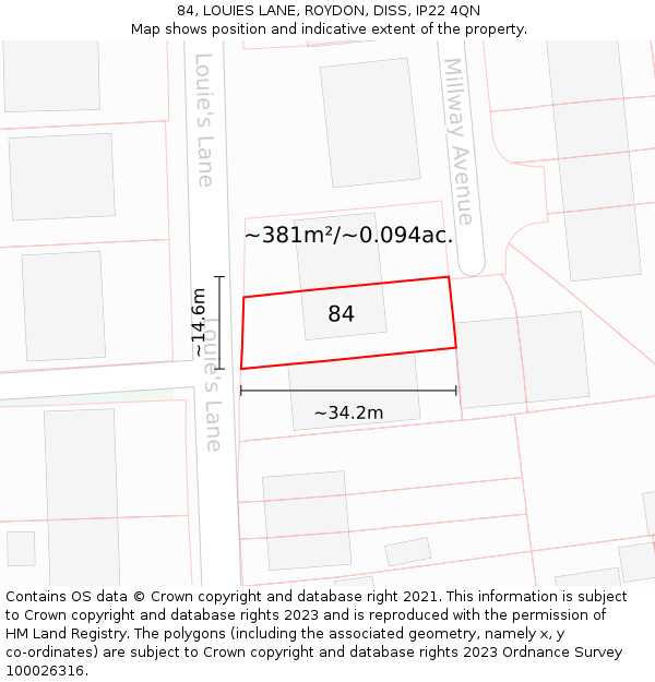 84, LOUIES LANE, ROYDON, DISS, IP22 4QN: Plot and title map
