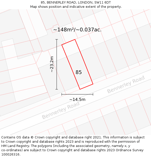 85, BENNERLEY ROAD, LONDON, SW11 6DT: Plot and title map
