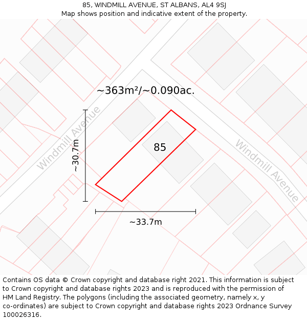 85, WINDMILL AVENUE, ST ALBANS, AL4 9SJ: Plot and title map