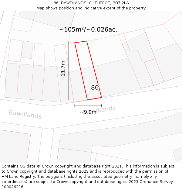 86, BAWDLANDS, CLITHEROE, BB7 2LA: Plot and title map