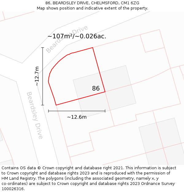 86, BEARDSLEY DRIVE, CHELMSFORD, CM1 6ZG: Plot and title map