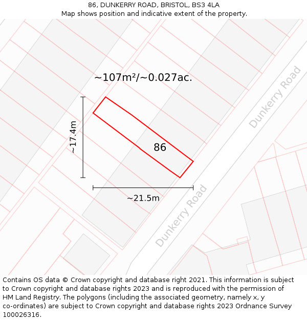 86, DUNKERRY ROAD, BRISTOL, BS3 4LA: Plot and title map