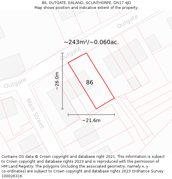 86, OUTGATE, EALAND, SCUNTHORPE, DN17 4JD: Plot and title map