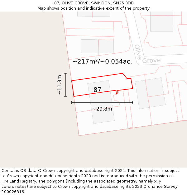 87, OLIVE GROVE, SWINDON, SN25 3DB: Plot and title map