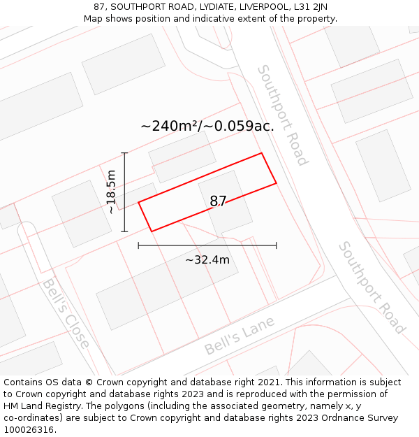 87, SOUTHPORT ROAD, LYDIATE, LIVERPOOL, L31 2JN: Plot and title map