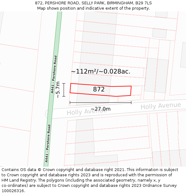 872, PERSHORE ROAD, SELLY PARK, BIRMINGHAM, B29 7LS: Plot and title map