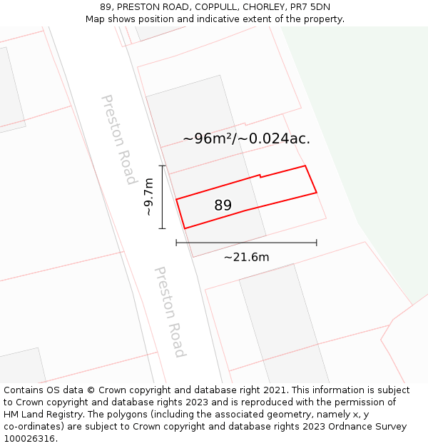 89, PRESTON ROAD, COPPULL, CHORLEY, PR7 5DN: Plot and title map
