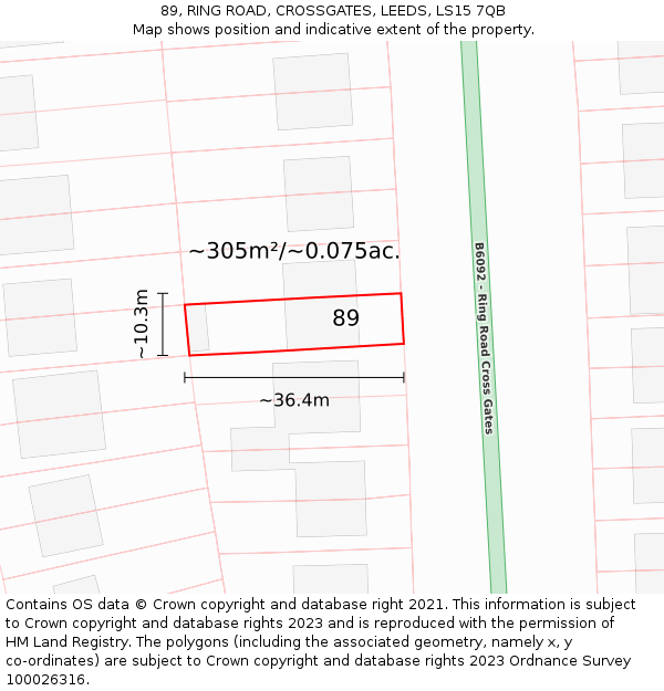 89, RING ROAD, CROSSGATES, LEEDS, LS15 7QB: Plot and title map