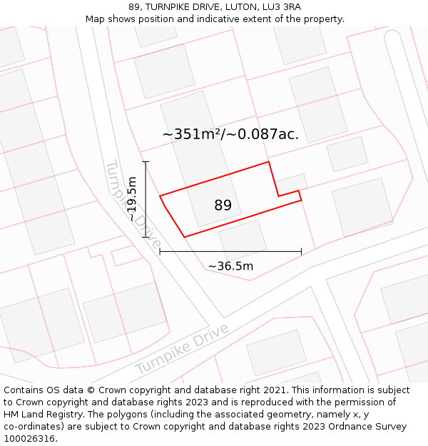 89, TURNPIKE DRIVE, LUTON, LU3 3RA: Plot and title map