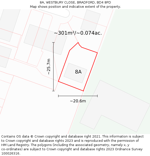 8A, WESTBURY CLOSE, BRADFORD, BD4 8PD: Plot and title map