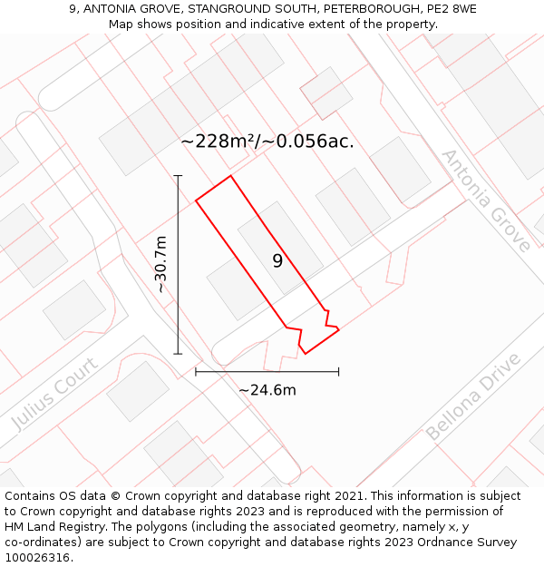 9, ANTONIA GROVE, STANGROUND SOUTH, PETERBOROUGH, PE2 8WE: Plot and title map