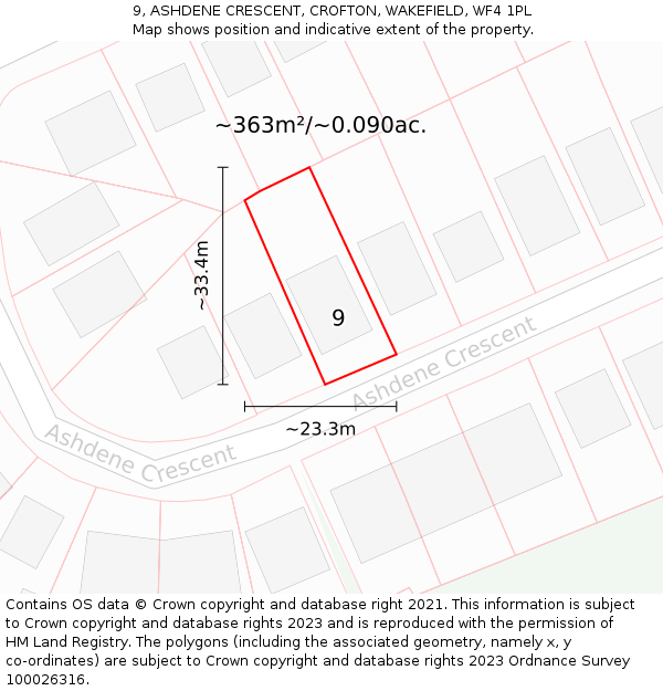 9, ASHDENE CRESCENT, CROFTON, WAKEFIELD, WF4 1PL: Plot and title map