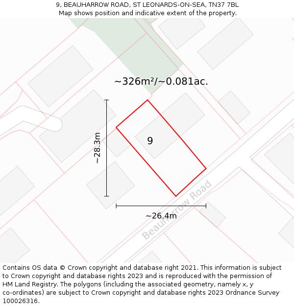 9, BEAUHARROW ROAD, ST LEONARDS-ON-SEA, TN37 7BL: Plot and title map