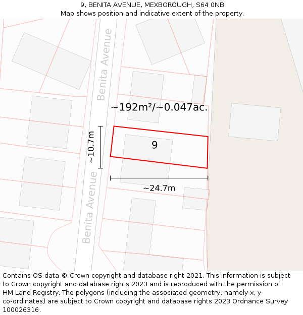 9, BENITA AVENUE, MEXBOROUGH, S64 0NB: Plot and title map