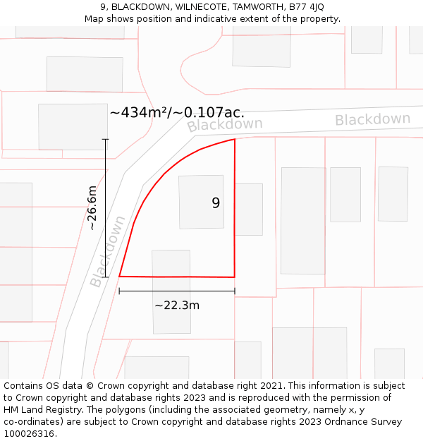 9, BLACKDOWN, WILNECOTE, TAMWORTH, B77 4JQ: Plot and title map