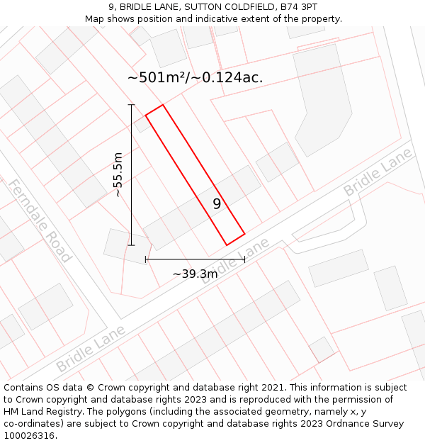 9, BRIDLE LANE, SUTTON COLDFIELD, B74 3PT: Plot and title map