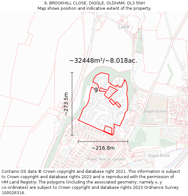 9, BROOKHILL CLOSE, DIGGLE, OLDHAM, OL3 5NH: Plot and title map