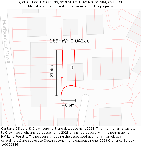 9, CHARLECOTE GARDENS, SYDENHAM, LEAMINGTON SPA, CV31 1GE: Plot and title map