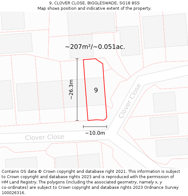 9, CLOVER CLOSE, BIGGLESWADE, SG18 8SS: Plot and title map